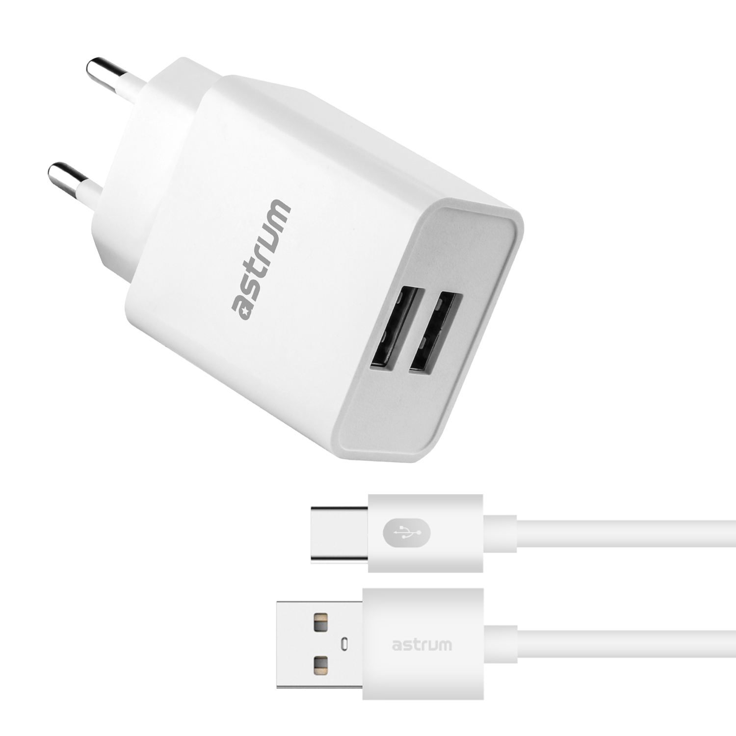 Pro Dual U24 12W Dual USB Travel Wall Charger + USB-C Cable - White