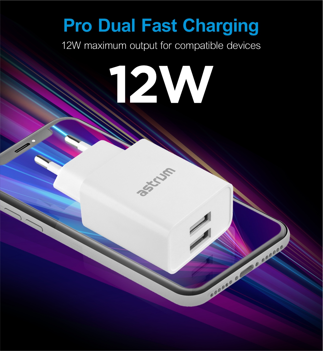 Pro Dual U24 12W Dual USB Travel Charger + Micro USB Cable - White
