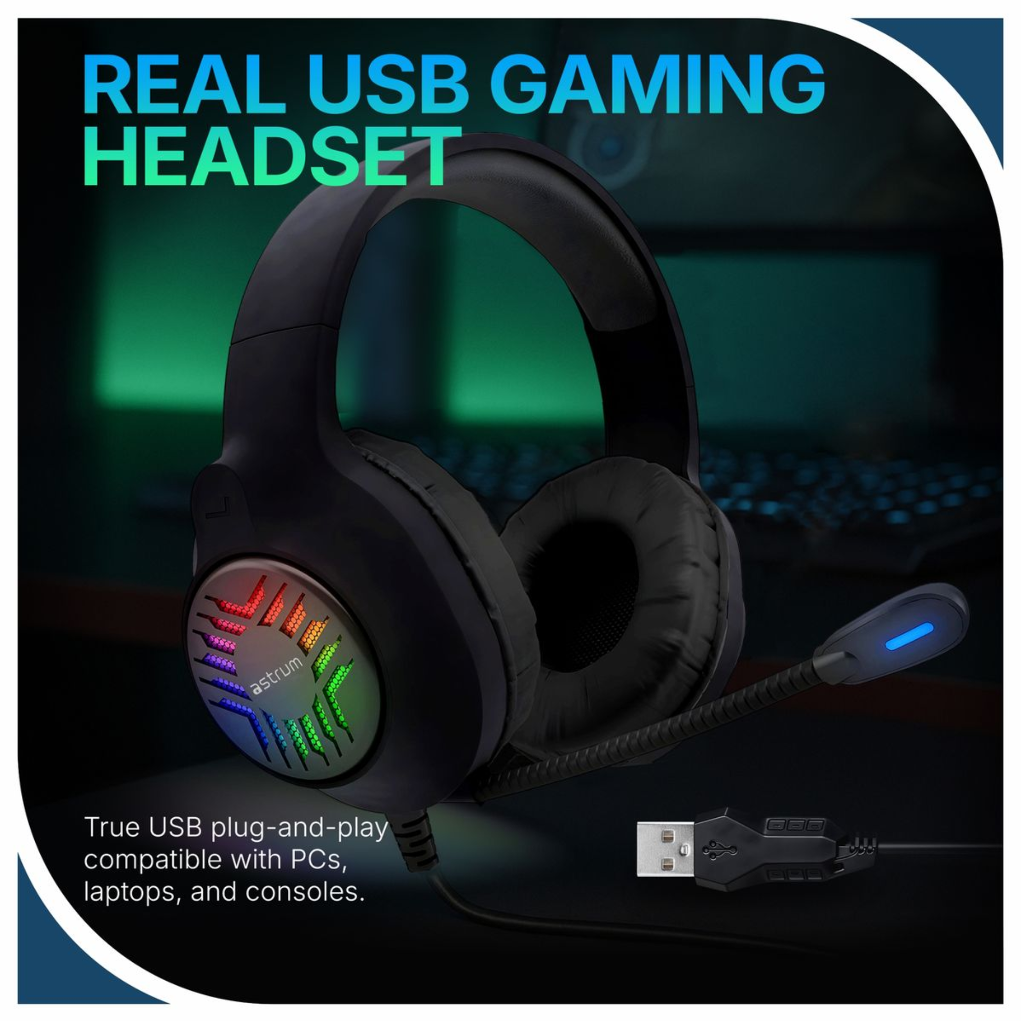 USB Wired Gaming Headset - 7.1 Surround Sound, RGB, Boom Mic - HG200