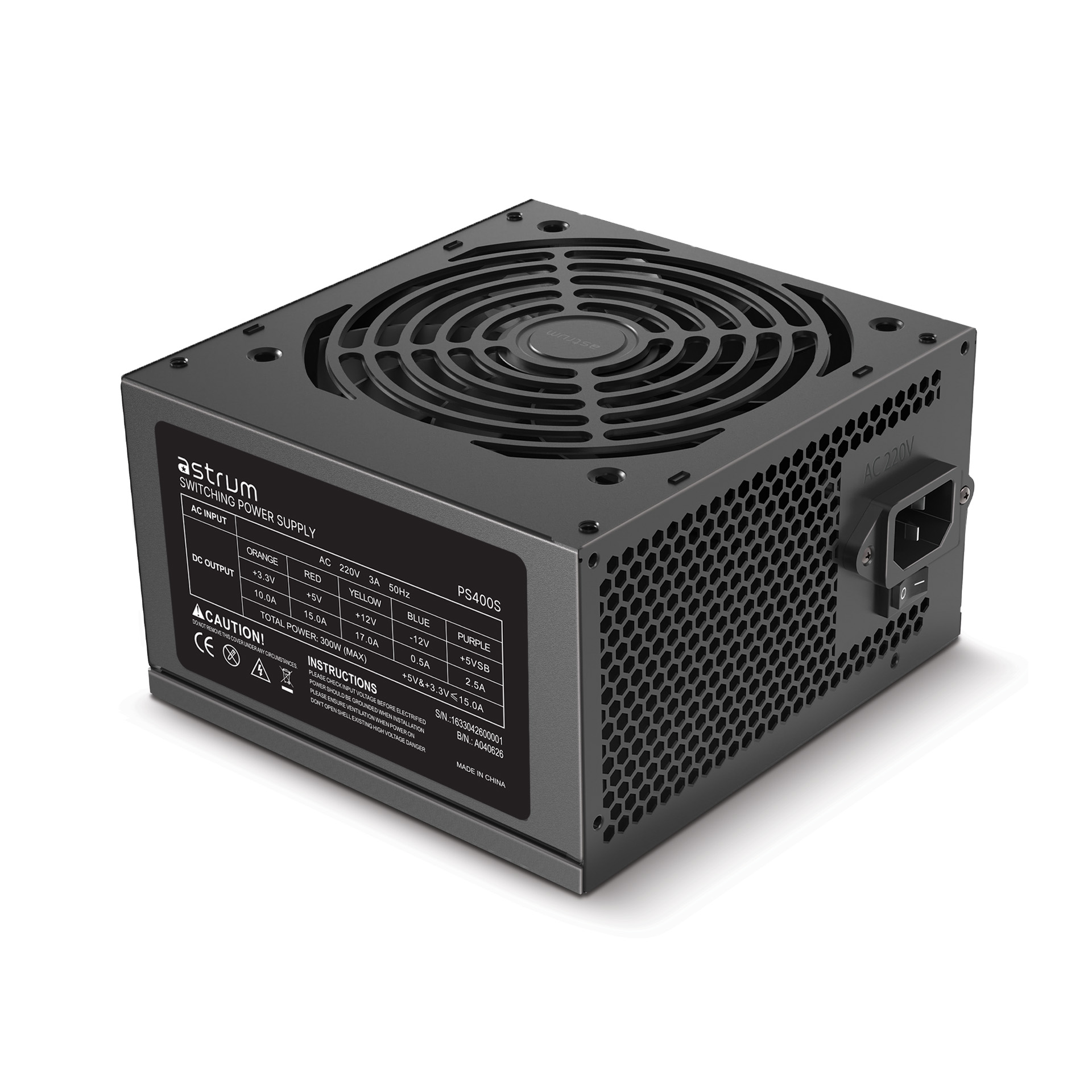 Astrum 300W ATX Power Supply, 120mm Fan, 24-Pin, OVP/OCP/SCP - PS400S