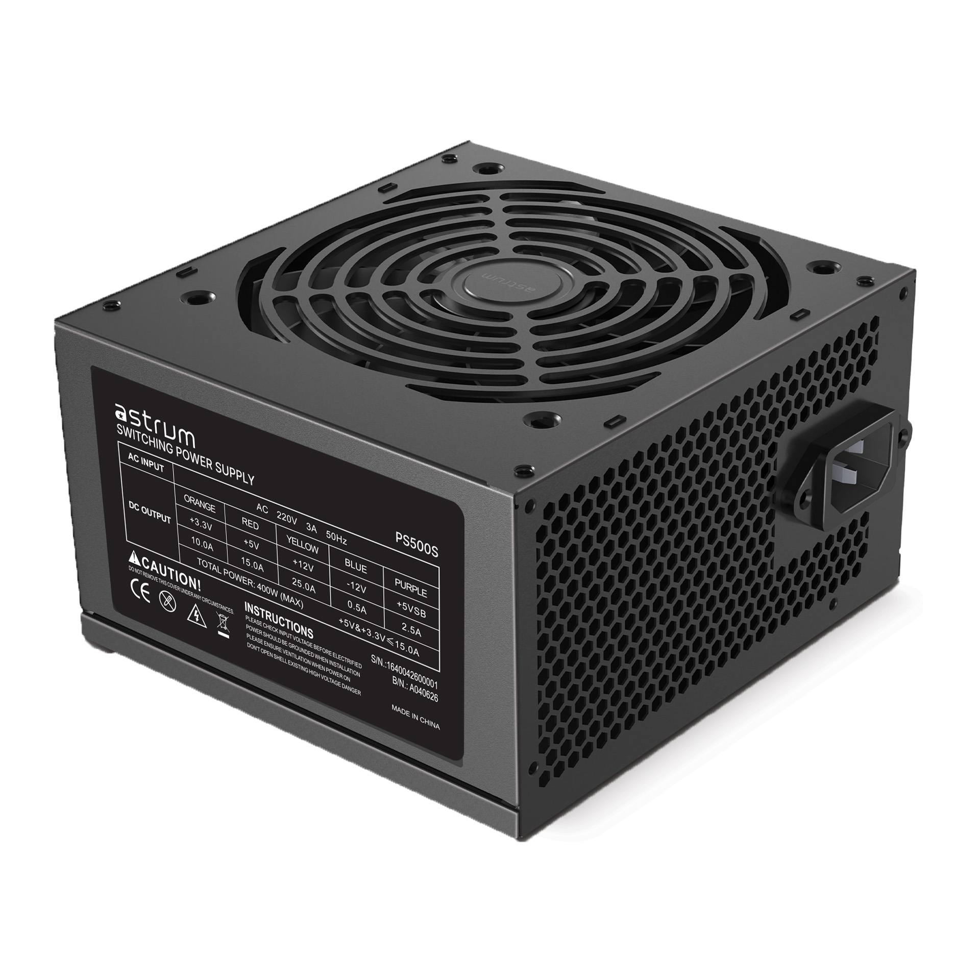 Astrum 400W ATX Power Supply, 120mm Fan, 24-Pin, OVP/OCP/SCP - PS500S