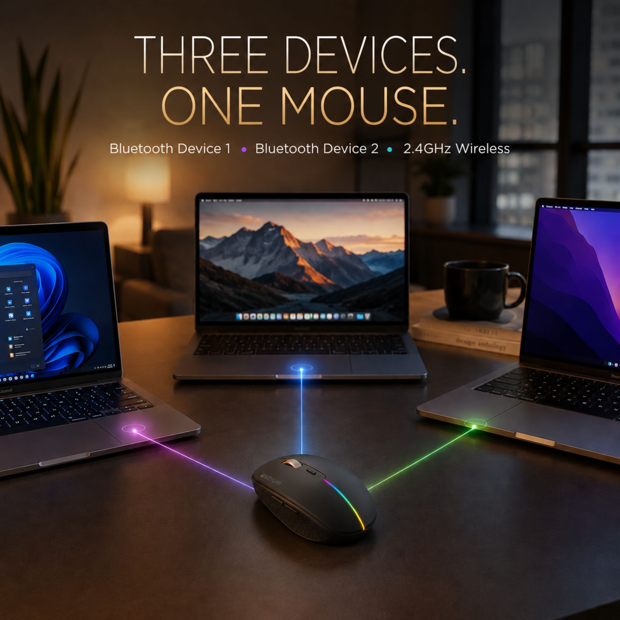 Astrum Tri-Mode Wireless Mouse BT 5.0, 3 Devices, Rechargeable – MW30C